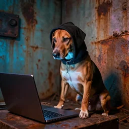 the brown hound dog pup - hooded mad mutt mixing industrial music on a laptop in an apocalypsecore setting, as strange colored lighting covers the rusty walls.