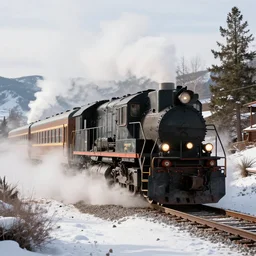 a highly detailed photograph of an old train shooting vapor during winter in colorado, trending on artstation, portra 4 0 0 kodak - h 6 0 0 - w 7 0 0 - n 6
