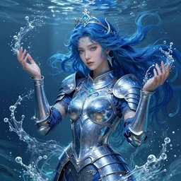 a goddess of water wearing blue armor, with hands and hair turning into wearing, fantasy, intricate, elegant, highly detailed, digital painting, artstation, concept art, wallpaper, smooth, sharp focus, illustration, art by artgerm and greg rutkowski and alphonse mucha