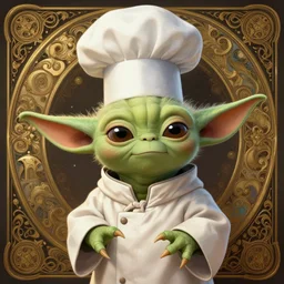 portrait of cute young yoda as a chef cook, intricate, elegant, highly detailed, digital painting, artstation, concept art, smooth, sharp focus, illustration, art by artgerm and greg rutkowski and alphonse mucha, 8 k