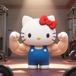 animated cartoon film of hello kitty at the gym, big muscles hello kitty by sanrio