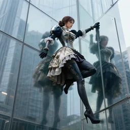 faith from mirror's edge wearing a futuristic version of victorian clothes while wallrunning on a glass skyscraper
