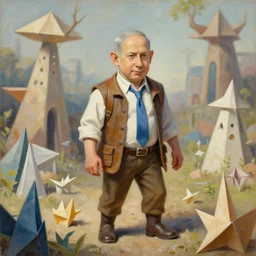 insanely detailed painting of benjamin netanyahu as an explorer, exploring a strange origami kingdom, depth of field, natural lighting, benjamin netanyahu, by gediminas pranckevicius