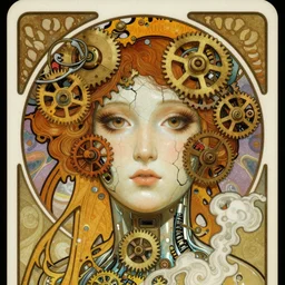 A close-up portrait of a beautiful female robot wearing a cracked porcelain face by Alphonse Mucha, exposed inner gears, big soulful eyes, steampunk, gears, steam, art nouveau card, concept art, wlop, trending on artstation