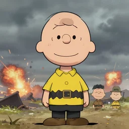 beautiful portrait of charlie brown at normandy during d - day during world war 2. stormy gray sky. explosions. character design by disney, charlie bowater, ross tran, artgerm, and makoto shinkai, detailed, soft lighting, rendered in octane