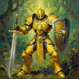 full body, attack position abstract painting in lush fantasy environment of a intricate ornate holy mechanical warforged with circular glowing eye, character in yellow armor holding a legendary paladin engraved holy great longsword and carrying a huge heavy paladin shield, vertically flat head, face in focus, epic , trending on ArtStation, masterpiece,  cinematic lighting, by Ross Tran and by Greg Rutkowski
