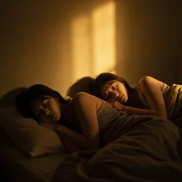 two girls sleeping in the dark room with golden rays