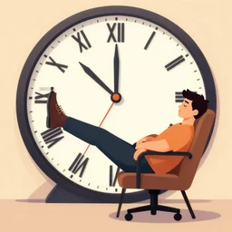 editorial illustration, man sleeping in a chair resting his feet on a big clock, flat, unreal engine, victo ngai