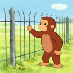 an absurd illustration of curious george toucing an electric fence by h. a. rey