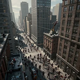 Dying light 3 concept art, new york city, hordes of zombies on streets, runners on rooftops, ziplines across skyscrapers