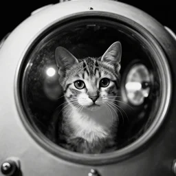 A kitten inside of a spaceship cockpit. Film Noir, Black and White. High Contrast, Duane Loose, Traveller RPG.