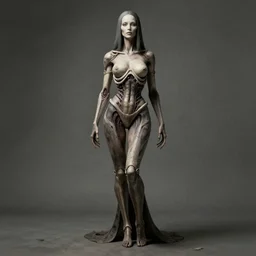 full body photograph of a beautiful woman in the style of H.R. Giger