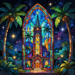 stained glass!!, residence, universe!!!!, palm trees, infographic with illustrations, glowing lights, epic fantasy, colorfully, digital art, highly saturated colors, concept art, detailed illustration, hd, 4 k, digital art, greg rutkowski, dan mumford, studio ghibli trending on artstation