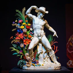 a cowboy turning into blooms. volumetric lighting, beautiful, sharp focus, ultra detailed. bold vibrant complementary colors. sculpture by antonio canova. a cowboy with plants by frank frazetta, kai carpenter, syd mead, slim aarons, zhang kechun, lynda benglis. tropical sea slugs. 4 k, 3 5 mm, fujifilm