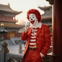 ronald mcdonald contemplating the dawn of a new day inside an asian temple