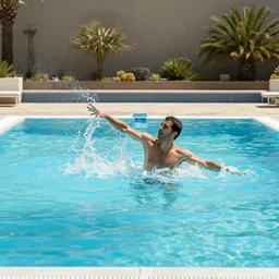 Alexandre Astier throwing Gad Elmaleh in a pool, fully clothed, wide angle, photograph