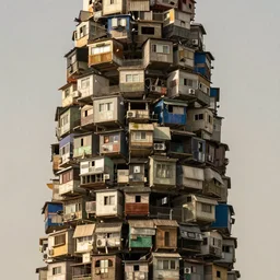 close - up view of a large tower made up of suspended makeshift squatters, faded colours, neutral sky, soft light, hasselblad x 1 d, very detailed, ultra sharp, photographed by ansel adams