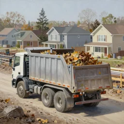 filling up a dump truck with leaves at a suburban construction yard, wide angle shot, intricate, detailed, oil on canvas by edward hopper, ( by mattias adolfsson ), by moebius