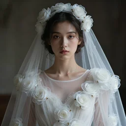 hight focus f - 2 2, 8 5 mm, iso 1 0 0 : a wonderful realistic focused portrait of a lonely woman with a detailed wonderful symmetrical face who is dressed with a wonderful, majestic, large semi transparent white cotton dress ornate with semi transparent cotton roses and semi transparent white veils, dramatic light, octane render, by roberto ferri style, - 8 k