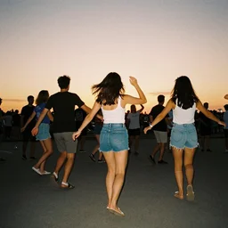 Dancing people in the evening, seen from behind, sunset, Canon EOS 1000D, ƒ/3.5, focal length: 18.0 mm, exposure time: 1/5, ISO 400, flash on.