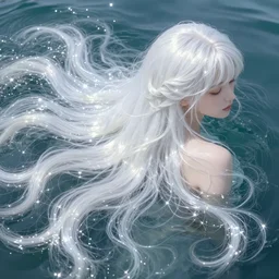 beautiful glowing sparkling shimmering ethereal white hair submerged in water flowing like ocean waves fantasy art portrait, elegant hair, complex design hair, ultra realistic, wide angle, intricate details, fantasy artifacts, highly detailed by peter mohrbacher, hajime sorayama, wayne barlowe, boris vallejo, aaron horkey, gaston bussiere, craig mullins, in full growth, underwear