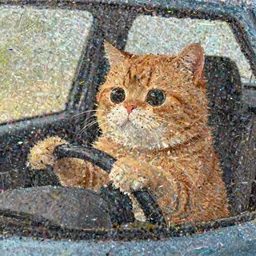 an anthropomorphic orange tabby cat driving a car, his paws are on the steering wheel