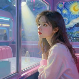 portrait of a beautiful girl staring out of a window, futuristic diner, neon clothes, pastel colors, beautiful face, rule of thirds, spotlight, drips of paint, expressive, passionate, by mandy jurgens, by vincent van gogh, digital painting
