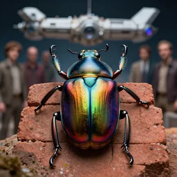 cinematic portrait of rainbow colored beetle, with single brick instead of body, space station at background, high detail, 8 k, sharp focus, movie still, dramatic lighting, ray tracing, smooth, lane brown, finnstark, oleg bulakh, diego fazio, mike dargas, emanuele dascanio, felix englund, michal karcz