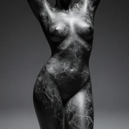 abstract dark matte marbled statue, light high glossy quartz veins, strong studio light, high quality