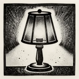 2 0 0 0 cover art, lamp, linocut, tones of black, dot