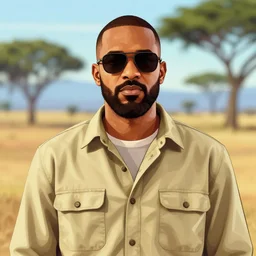afrikaans man with beard wearing sunglasses and khaki shirt, gta v style portrait illustration by earl norem, bushveld background