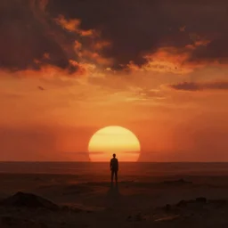 dramatic sunset and dramatic sky , lone man in the middle of the sun , painting by frazetta, telephoto perspective, postapocalyptic panorama.asthetics !