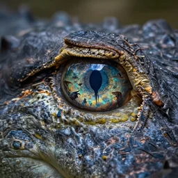 macro photography of an alligator eye which is a stargate to another world, the world filled with dark creatures, cinematic light, highly detailed, sharp focus, high resolution