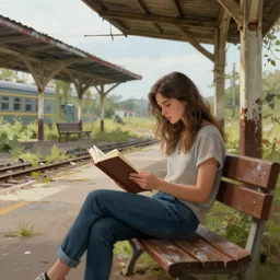 a beautiful girl sitting on a bench reading at an abandoned overgrown train station, old train station, establishing shot, digital painting. wlop, art by rossdraws, art by ross tran, art by bluesssatan, detailed artwork, imaginary realism