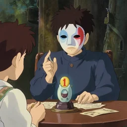 an automata fortune teller wearing a mask telling a fortune, anime film still from Studio Ghibli movie with art direction by Zdzisław Beksiński, wide lens