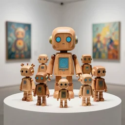 8 k photorealistic, a wooden art toys on a pedestal, cute robot wooden, cyberpunk, concept art, contemporary art gallery, art by fadeev
