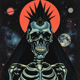 portrait of black and psychedelic grainshading print by moebius, richard corben, wayne barlowe, cyberpunk comic cover art, psychedelic triangular skeleton, very intricate, thick outline, full body, symmetrical face, long black crown, in a shapes background, galactic dark colors