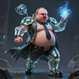 a portrait of a super fat putin with clown's nose magician in glass armor releasing spell, full height, moving forward, cyberpunk concept art, trending on artstation, highly detailed, intricate, sharp focus, digital art, 8 k