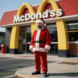 stalin standing outside mcdonalds, dressed as santa, color historical photo
