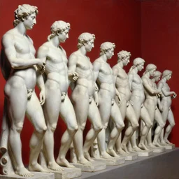 a line of detailed white stone male statures lined up, oil paint, classic art, 1 6 century style, volume light, in the style of beksinski, parts by edward hopper, parts by rodcenko, parts by yue minjun, intricate and epic composition, red by caravaggio, insanely quality, highly detailed, masterpiece, red light, artstation, 4 k