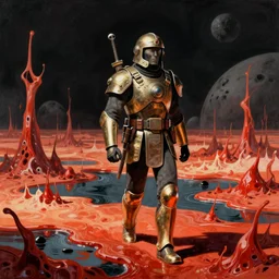 sardaukar warrior walking the acid swamps of venus, vintage sci - fi art, by bruce pennington