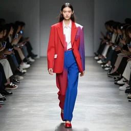 dystopian  business fashion incorporating red white and blue, brutalist fashion show