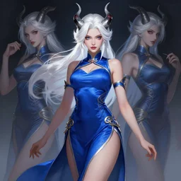 a highly detailed illustration of hot white haired demon girl with horns wearing chinese blue qipao dress, dramatic flashy seductive pose, perfect body, art by artgerm and greg rutowski and ilya kuvshinov, intricate, elegant, highly detailed, centered, digital painting, artstation, concept art, smooth, sharp focus, league of legends concept art, wlop