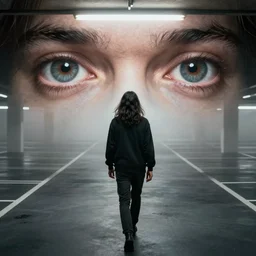 jonny greenwood radiohead guitarist, long black hair covering face, walking in liminal space interior parking lot, misty, liminal, fluorescent, award - winning photograph, landscape, high detail, hd eyes reflecting into eyes reflecting into infinity, dramatic lighting, ultrafine detail, round black eye pupils, chiaroscuro, private press, associated press photo, angelic photograph, masterpiece