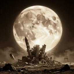 exploding moon planet, collapsing civilisation, sepia, cinematic lighting