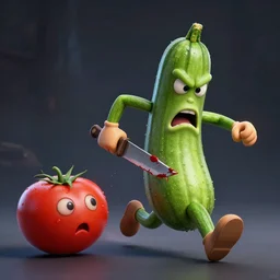 detailed 3 d render of an angry furious zucchini character with a bloody knife in his hand, chasing and running after a tomato figure scared to death, hyper realistic octane render, dramatic lighting, dark mood, nightmare, surrealism, pixar, disney, cartoon