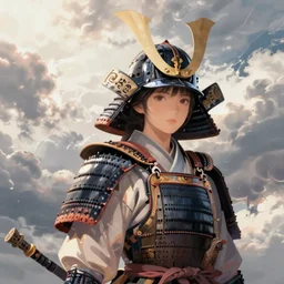 poster of a girl with japanese samurai armor and helmets, calm, fantasy character portrait, dynamic pose, above view, sunny day, thunder clouds in the sky, artwork by jeremy lipkin and giuseppe dangelico pino and michael garmash and rob rey and greg manchess and huang guangjian and makoto shinkai, very coherent asymmetrical artwork, sharp edges, perfect face, simple form, 1 0 0 mm
