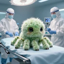alien little fluffy creature with six legs, and a couple of eyes, lay on surgery table around scientists in biohazard suits, render, volumetric light, artstation, digital art