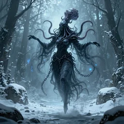 concept designs for an end game boss that is an ethereal obsidian ghostly wraith like figure with a squid like parasite latched onto its head and long tentacle arms that flow lazily but gracefully at its sides like a cloak and chains rattling at its sides while it floats around a frozen rocky tundra in the snow searching for lost souls and that hides amongst the shadows in the trees, this character has hydrokinesis and electrokinesis for the resident evil village video game franchise