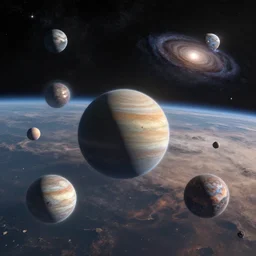 on the surface of an alien planet with multiple planets and galaxies visible in the sky